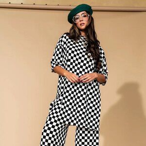 Women's Black and White Checkered Wide Leg Jumpsuit